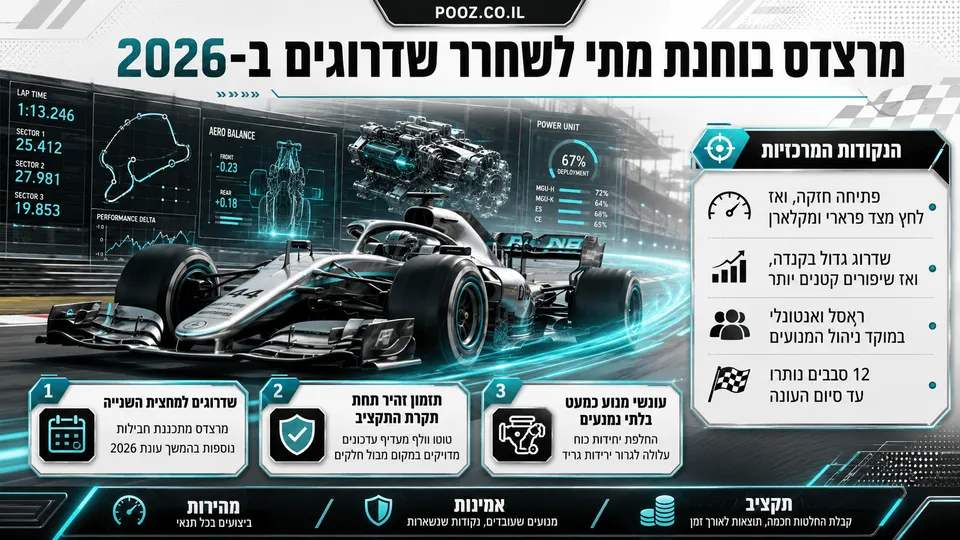 מכונית פורמולה 1 של מרצדס על המסלול לצד נתוני ביצועים, יחידת כוח וניתוח טכני. התמונה מדגישה את תכנון השדרוגים למחצית השנייה של עונת 2026, מגבלות תקרת התקציב והסיכון לעונשי גריד בעקבות החלפת מנועים.