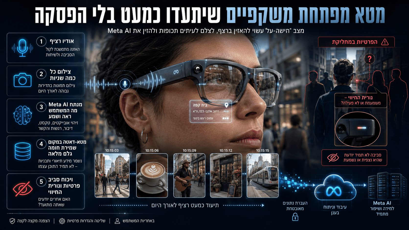 אינפוגרפיקה המציגה משקפיים חכמים של Meta עם מצב חישה רציפה, הקלטת אודיו, צילום תכוף, ניתוח סביבתי ב-Meta AI וסוגיות פרטיות סביב נורית ההקלטה.