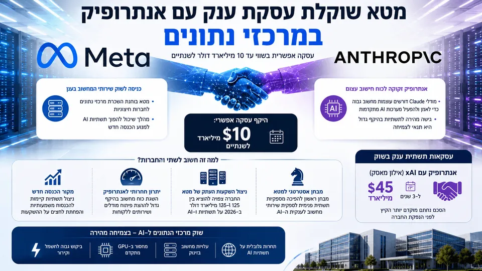 מטא ואנתרופיק מוצגות סביב מרכזי נתונים ותשתיות AI, עם הדגשה של עסקת ענק אפשרית להשכרת כוח מחשוב.