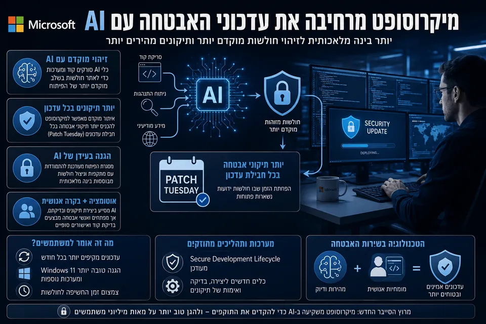 תמונה חדשותית־טכנולוגית המציגה מרכז אבטחת סייבר של Microsoft, מפתח מול מסכי קוד, שבב AI, מגן אבטחה וחלונית Patch Tuesday, לצד שכבות מידע בעברית על שימוש בבינה מלאכותית לזיהוי חולשות מוקדם יותר ולהאצת תיקוני אבטחה ב־Windows 11 ובמערכות נוספות.