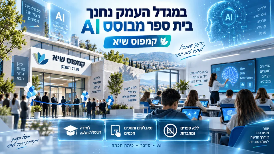 תלמידים לומדים בטאבלטים בכיתה חכמה בקמפוס שיא במגדל העמק.