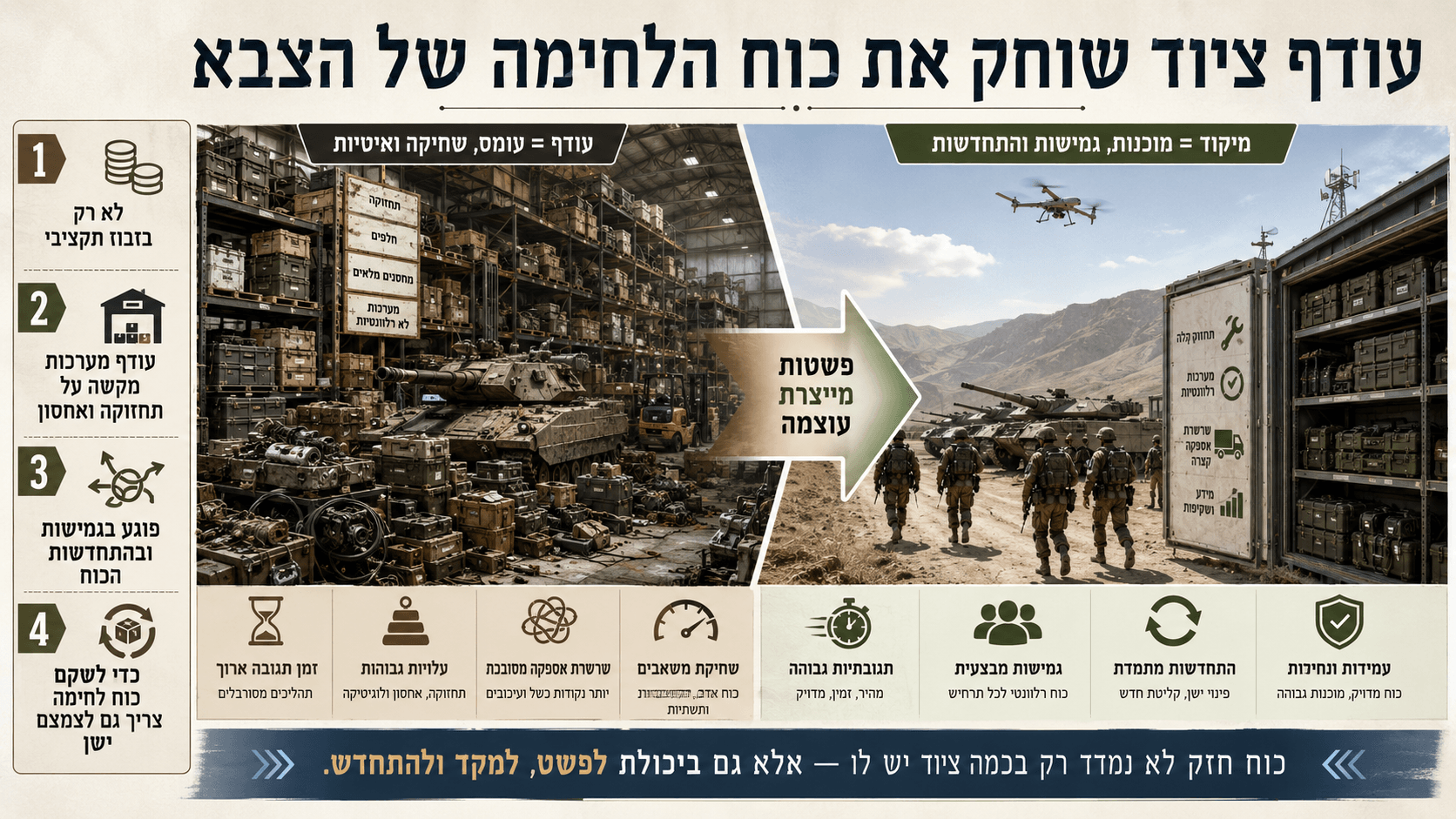 מחסנים עמוסים בציוד צבאי לצד כוחות מבצעיים, בהמחשה כיצד עודף אמצעים פוגע בתחזוקה, בגמישות ובכשירות.