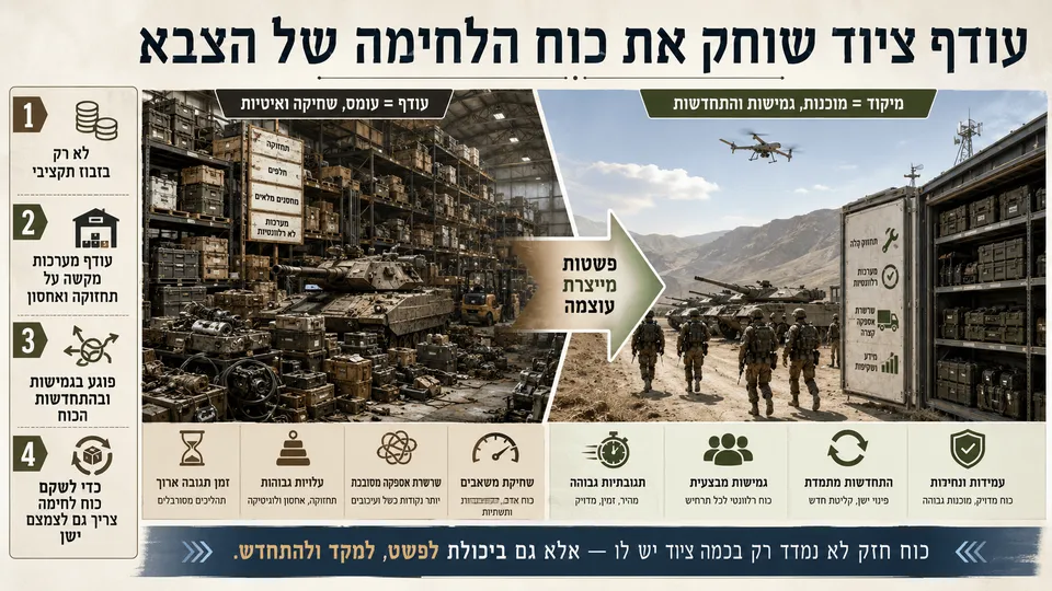 מחסנים עמוסים בציוד צבאי לצד כוחות מבצעיים, בהמחשה כיצד עודף אמצעים פוגע בתחזוקה, בגמישות ובכשירות.