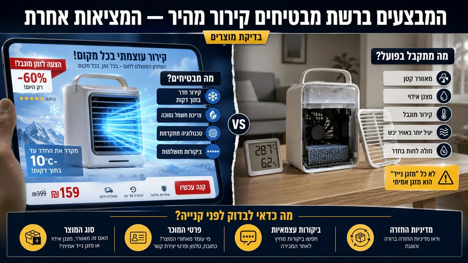 השוואה בין פרסומת מקוונת למכשיר קירור נייד המבטיחה קירור מהיר ועוצמתי, לבין המוצר בפועל — מאוורר קטן המבוסס על מים וקירור באידוי. בתמונה מודגשים הפערים בין ההבטחות השיווקיות לבין הביצועים המוגבלים, לצד סימני אזהרה לצרכנים.