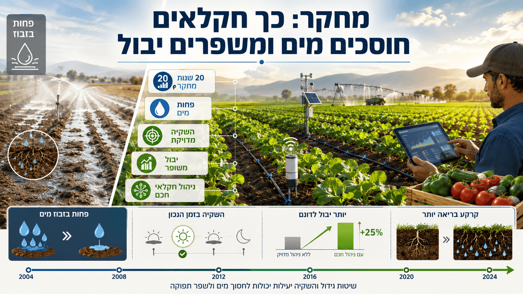 ויזואל חדשותי המציג שדה חקלאי ירוק עם מערכת השקיה חכמה, זרימת מים מבוקרת, וסמלים גרפיים המדגישים חיסכון במים לצד שיפור ביבול. התמונה ממחישה את מחקר אוניברסיטת מיסיסיפי סטייט על שיטות השקיה יעילות שמאפשרות לחקלאים להשתמש בפחות מים ולהשיג תפוקה חקלאית גבוהה יותר.