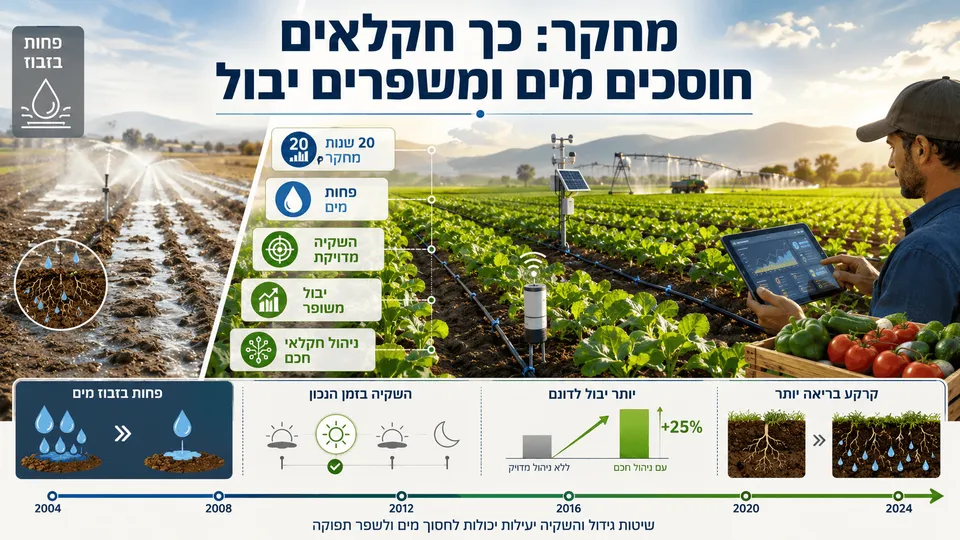ויזואל חדשותי המציג שדה חקלאי ירוק עם מערכת השקיה חכמה, זרימת מים מבוקרת, וסמלים גרפיים המדגישים חיסכון במים לצד שיפור ביבול. התמונה ממחישה את מחקר אוניברסיטת מיסיסיפי סטייט על שיטות השקיה יעילות שמאפשרות לחקלאים להשתמש בפחות מים ולהשיג תפוקה חקלאית גבוהה יותר.