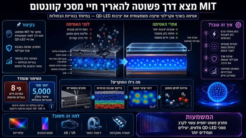 תרשים המציג כיצד אטימה בשרף אקרילטי מאריכה את חיי נוריות QD-LED, במיוחד ברכיבים הכחולים.
