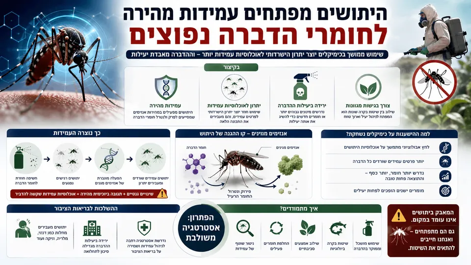 אינפוגרפיקה חדשותית המציגה יתוש עמיד לחומרי הדברה, פעולת אנזימי ההגנה, תהליך הברירה האבולוציונית, ריסוס כימי והצורך בשילוב שיטות ניטור, הדברה ביולוגית והחלפת חומרים פעילים.