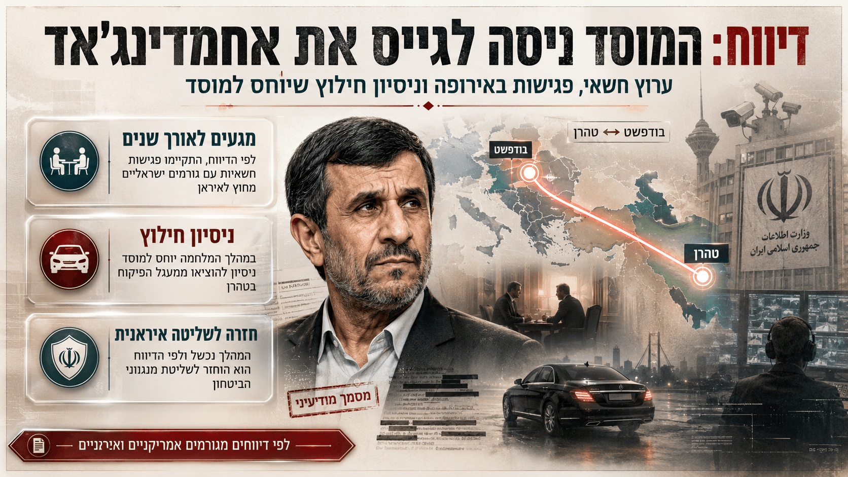 מחמוד אחמדינג׳אד לצד המחשה של ערוץ חשאי בין טהרן לבודפשט וניסיון חילוץ שיוחס למוסד.