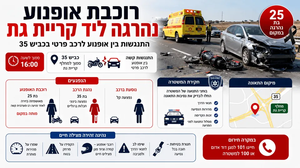 זירת תאונה בכביש 35 ליד קריית גת, שבה נהרגה רוכבת אופנוע בת 25 בהתנגשות עם רכב.