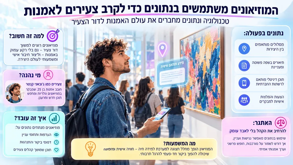 צעיר מבקר בגלריה מודרנית ומתבונן ביצירת אמנות צבעונית באמצעות טלפון חכם, לצד שכבות מידע דיגיטליות, המלצות מותאמות אישית ונתוני ביקור שממחישים כיצד מוזיאונים מקרבים קהלים צעירים לאמנות.