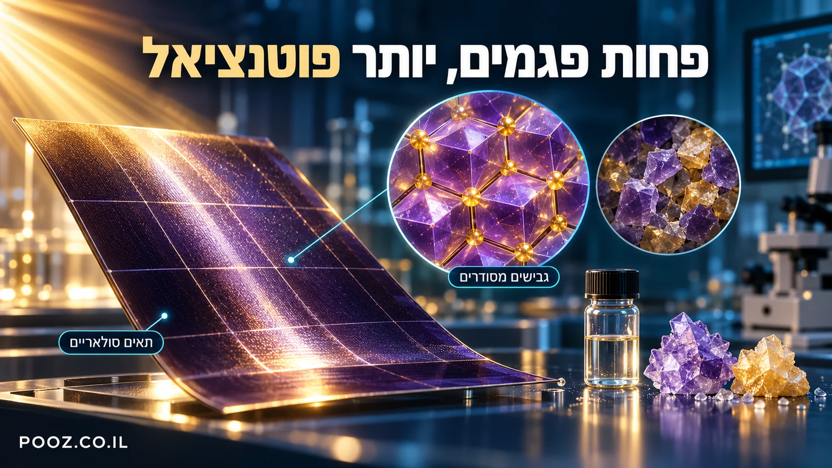 שכבת תא שמש וגבישי פרובסקיט מסודרים תחת קרני אור
