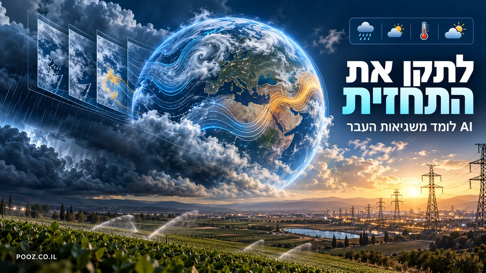 כדור הארץ וענני סערה מעל שדות חקלאיים וקווי חשמל