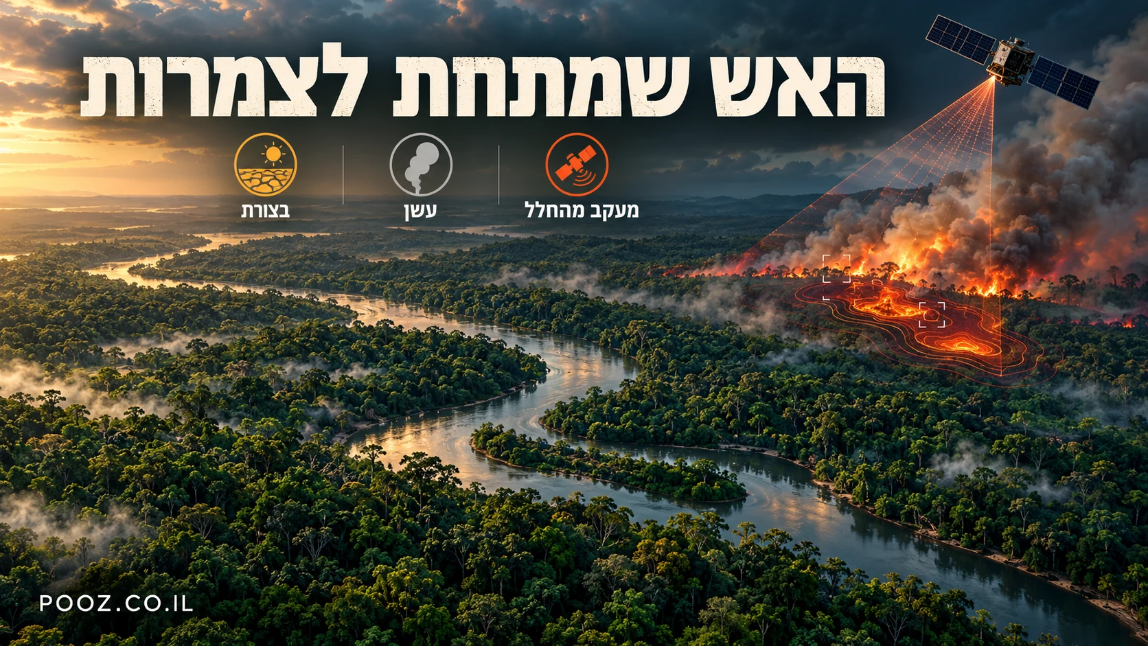 עשן מעל יער גשם ונהר מתפתל לצד לוויין מאויר