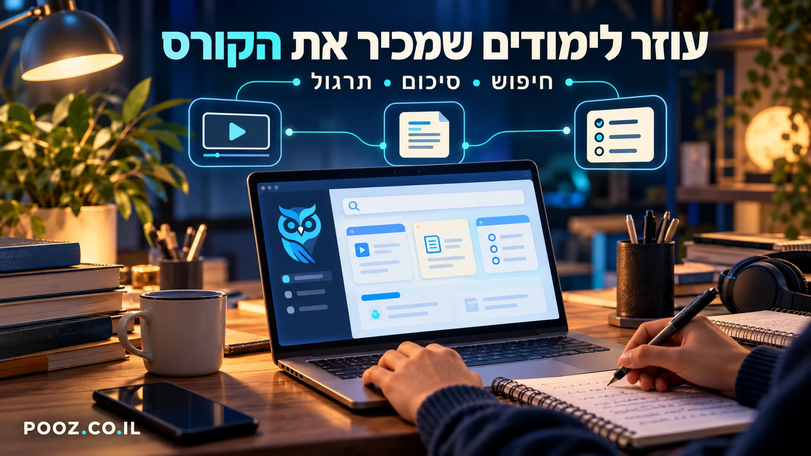 מחשב נייד עם עוזר לימודים לצד מחברת וספרים