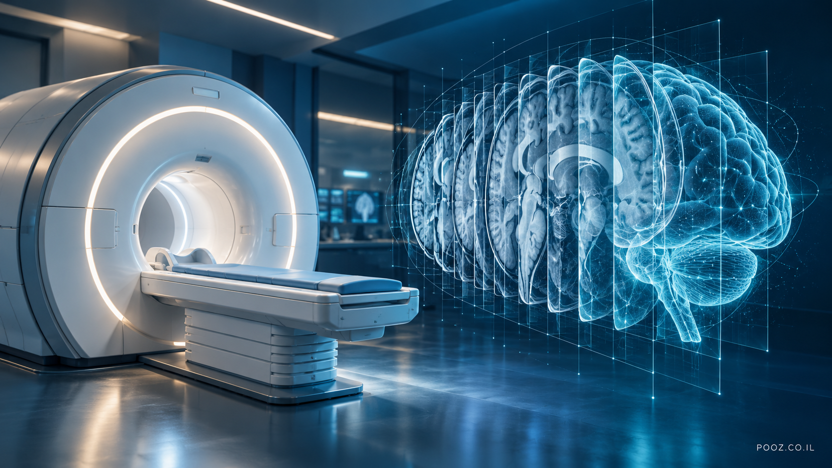 מכשיר MRI לצד המחשה תלת־ממדית של מוח הבנוי מפרוסות דימות
