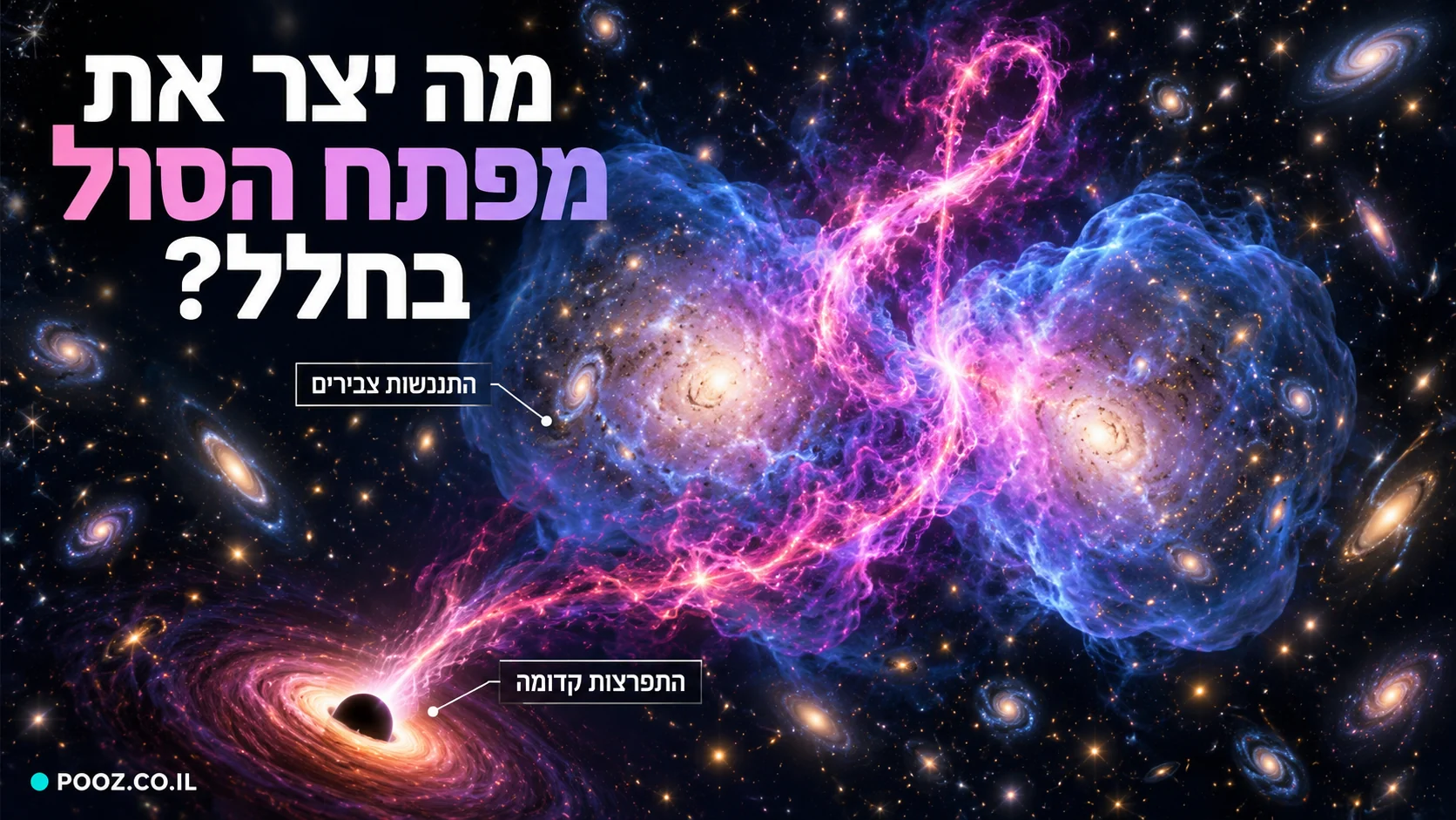 ענני גז כחולים וסגולים בין גלקסיות וסיב אור ורוד מתפתל