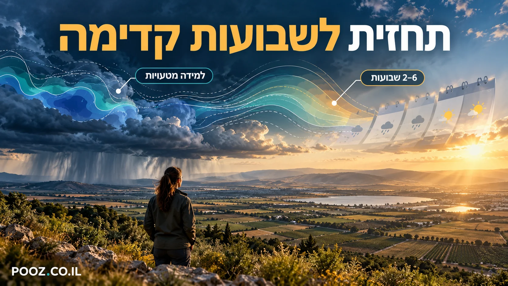 שדות חקלאיים מתחת לענני גשם ושכבות של מפת תחזית