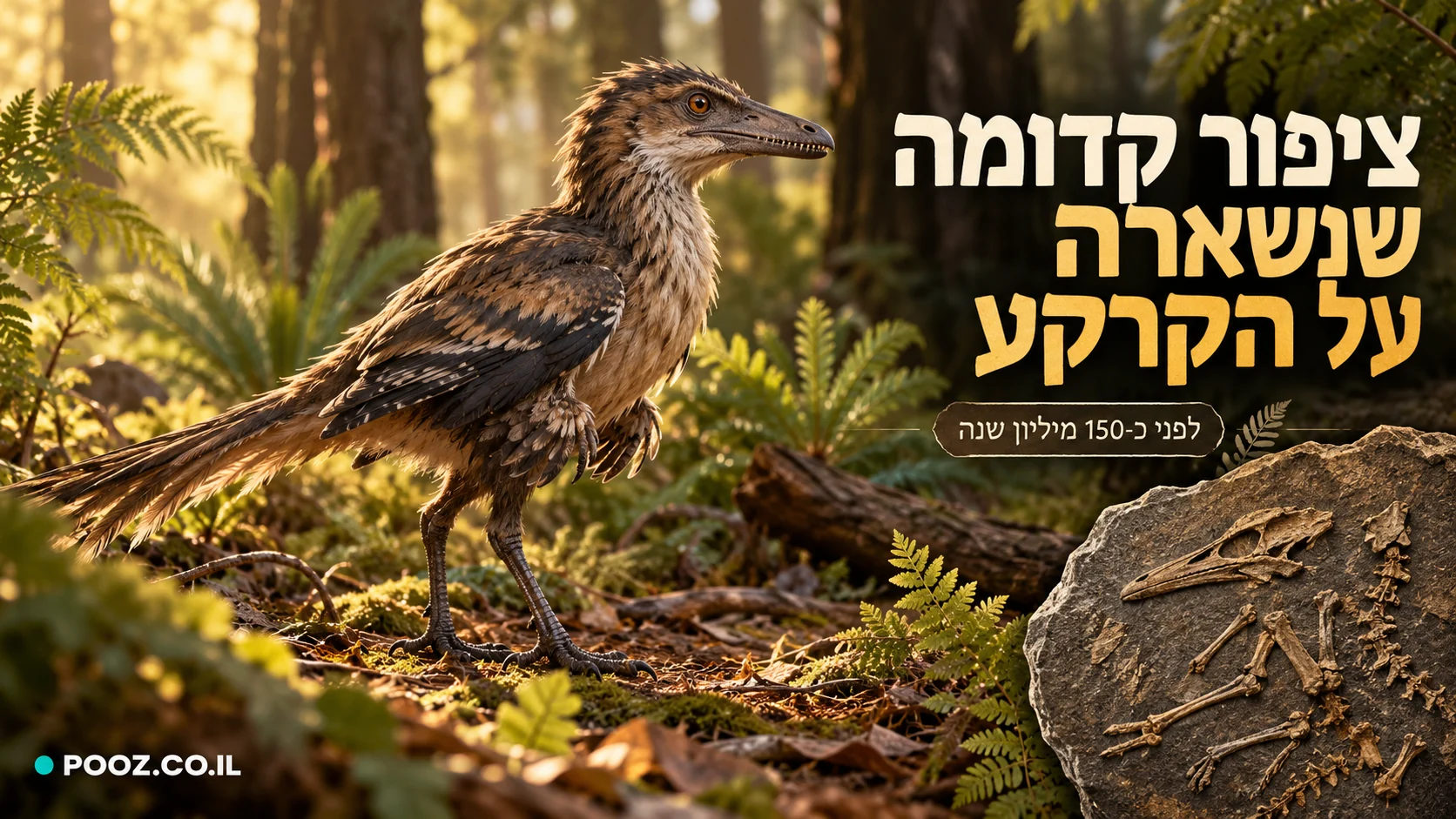 ציפור קדומה קטנה עם כנפיים קצרות וזנב ארוך בין שרכים