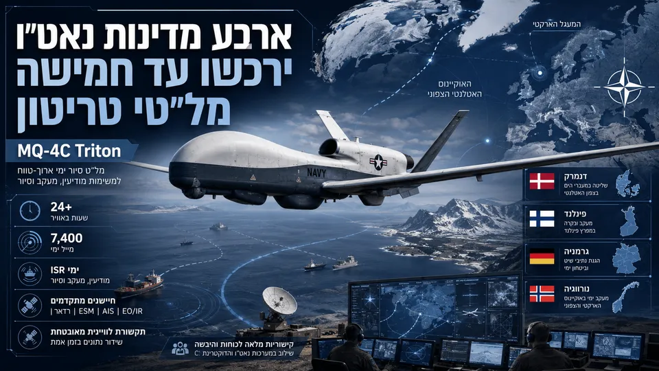 תמונה חדשותית המציגה מל״ט MQ-4C Triton מעל מרחב ימי צפוני, מפת נאט״ו, נתיבי מעקב ימיים וחדר שליטה קרקעי לניהול משימות מודיעין, מעקב וסיור.