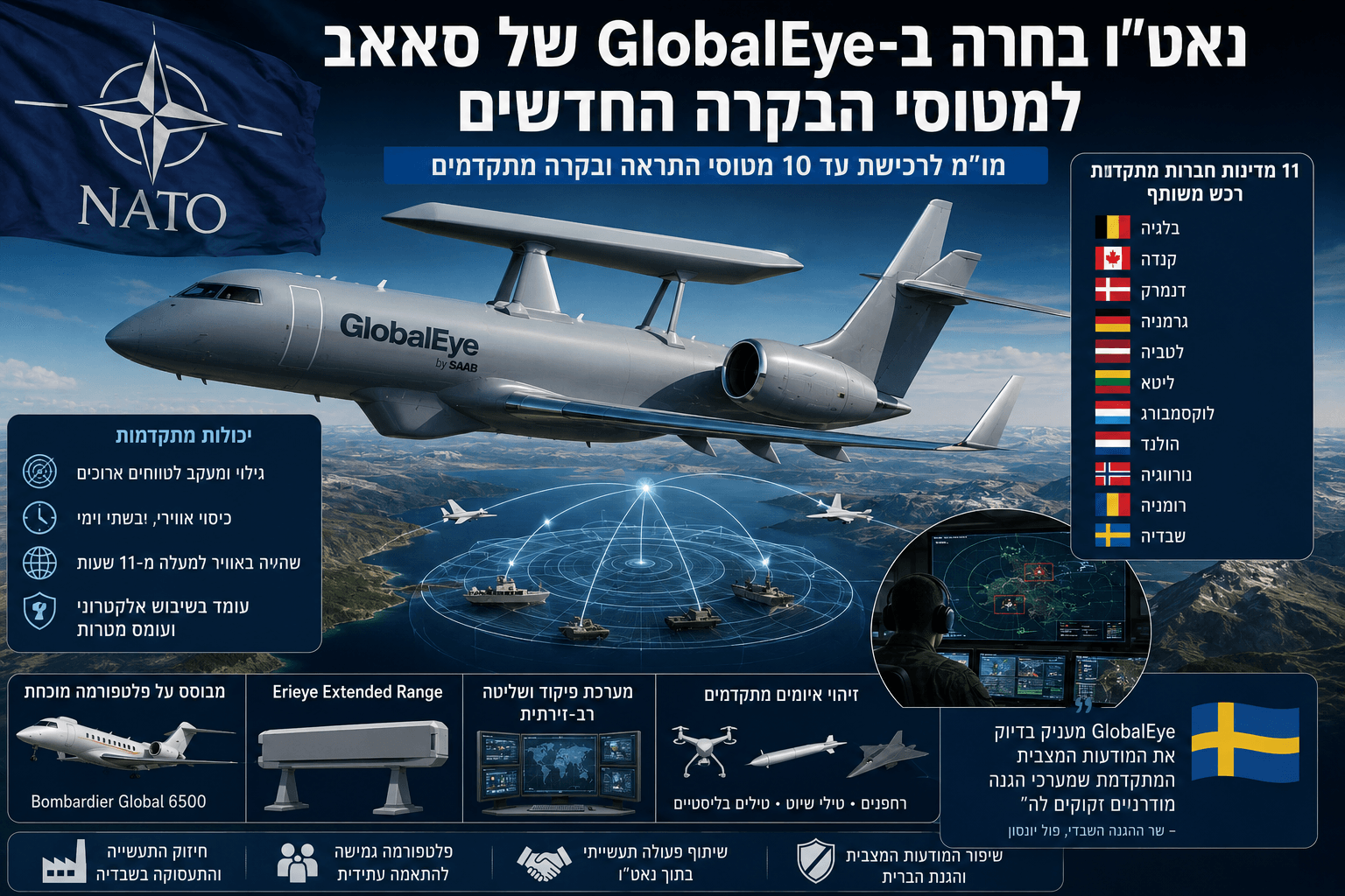 מטוס Saab GlobalEye של נאט״ו מעל זירה ימית ואווירית, עם אינפוגרפיקה על יכולות התראה, בקרה ומעקב רב־זירתי.