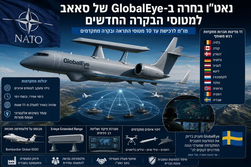מטוס Saab GlobalEye של נאט״ו מעל זירה ימית ואווירית, עם אינפוגרפיקה על יכולות התראה, בקרה ומעקב רב־זירתי.