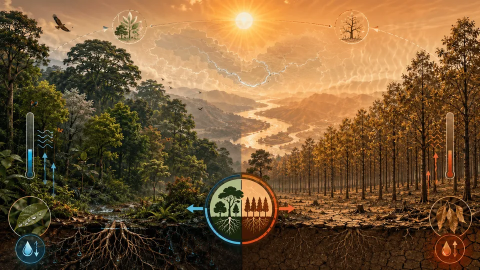 המחשה השוואתית של יער טבעי מגוון וירוק מול יער נטוע ואחיד שנפגע מגל חום ובצורת. בצד היער הטבעי נראים צמחייה רב־שכבתית, שורשים עמוקים, לחות ומגוון מינים, בעוד שבצד היער הנטוע מופיעים עצים אחידים, קרקע סדוקה ועלים יבשים, על רקע אגן נהר היאנגצה והחום הקיצוני של 2022.