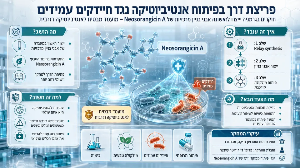 המחשה מדעית של Neosorangicin A, מבנה מולקולרי וחיידקים עמידים במסגרת פיתוח אנטיביוטיקה חדשה.