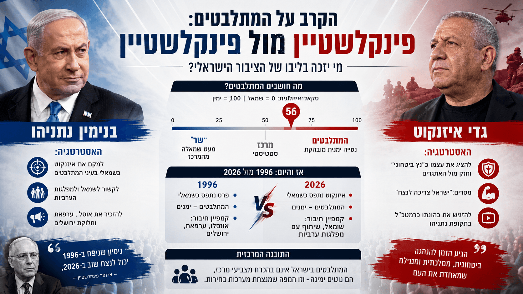 נתניהו וגדי איזנקוט משני צדי מפת המתלבטים, במאבק על מיתוג ביטחוני ונטייה ימנית בבחירות 2026.