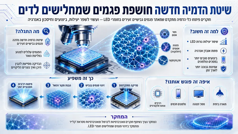 שיטת הדמיה מתקדמת חושפת פגמים זעירים במבנה הגבישי של חומרי LED שעלולים להפחית יעילות וביצועים.