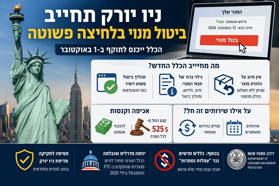 המחשה חדשותית של הכלל הצרכני החדש בניו יורק, עם קו הרקיע העירוני, פסל החירות ומסך מחשב המציג כפתור ברור לביטול מנוי. סביבו מוסברים תהליך הביטול הפשוט, חובת הגילוי של תנאי החידוש, תחולת הכלל על מנויים מתמשכים וקנס התחלתי של 525 דולר לכל הפרה.