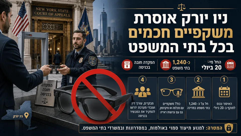 תמונה חדשותית רחבה המציגה כניסה לבית משפט בניו יורק, מאבטח המחרים משקפיים חכמים, וסמל איסור גדול על משקפיים עם מצלמה, לצד נתוני מפתח בעברית על האיסור הגורף בבתי המשפט במדינה.