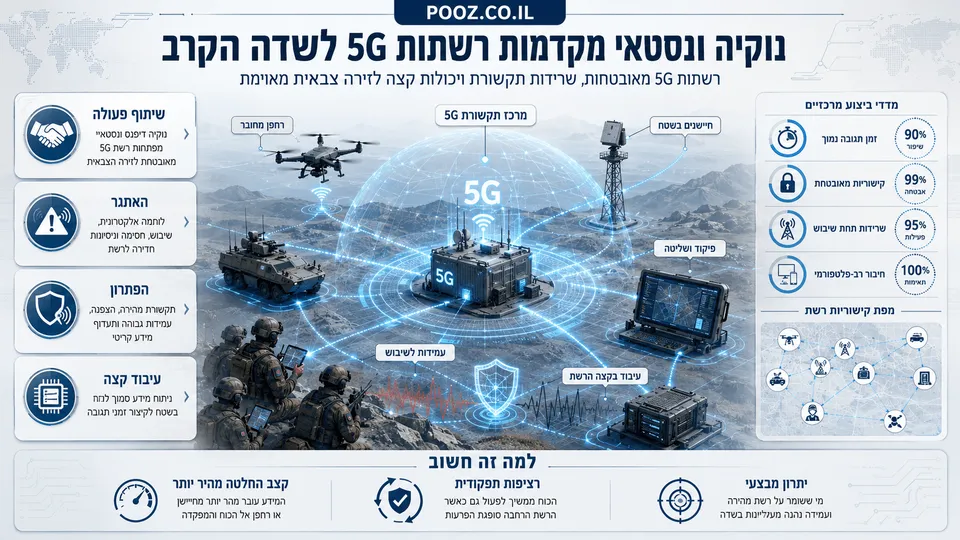 המחשה טכנולוגית של רשת 5G מאובטחת בשדה הקרב, המחברת בין מרכז תקשורת נייד, לוחמים, רחפן, רכב משוריין, חיישנים ומערכות עיבוד קצה באמצעות נתיבי מידע זוהרים ועמידים לשיבוש.
