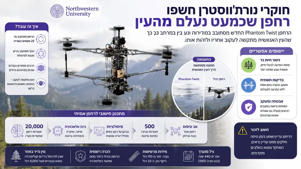 רחפן Phantom Twist שפיתחו חוקרי אוניברסיטת נורת'ווסטרן מרחף מעל נוף הררי, עם גוף מסתובב ולהבים מטושטשים המדגימים כיצד תנועה מהירה מקשה על העין האנושית לזהות את צורתו. לצדו מופיעים נתונים על סיבוב של עד 25 פעמים בשנייה, תהליך תכנון שכלל כ־20 אלף תצורות ושימושים אפשריים בניטור טבע ובדיקת תשתיות.