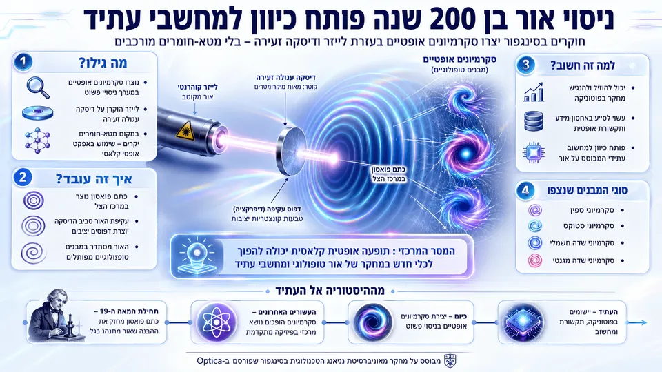 קרן לייזר פוגעת בדיסקה זעירה ויוצרת כתם פואסון וסקרמיונים אופטיים מסתחררים.