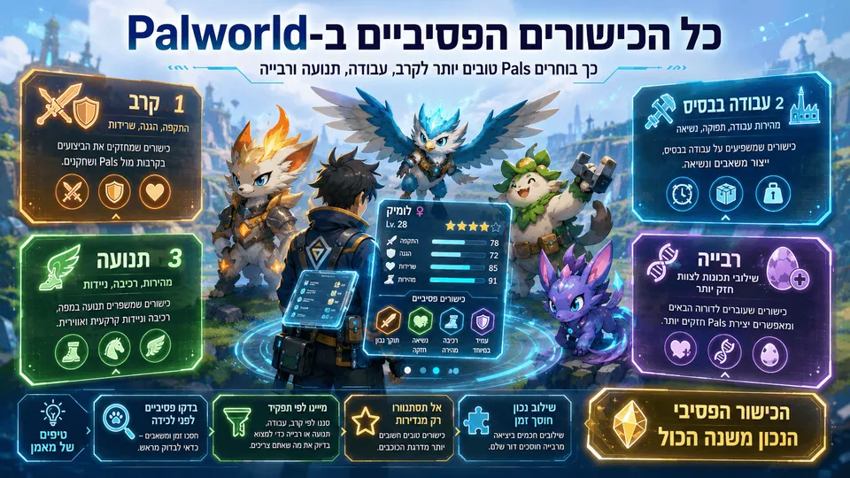 אינפוגרפיקה בעברית על כל הכישורים הפסיביים ב-Palworld, עם דמויות Pal, אייקונים של קרב, עבודה ותנועה, והסבר חזותי על השפעת התכונות על ביצועים ובניית צוות.