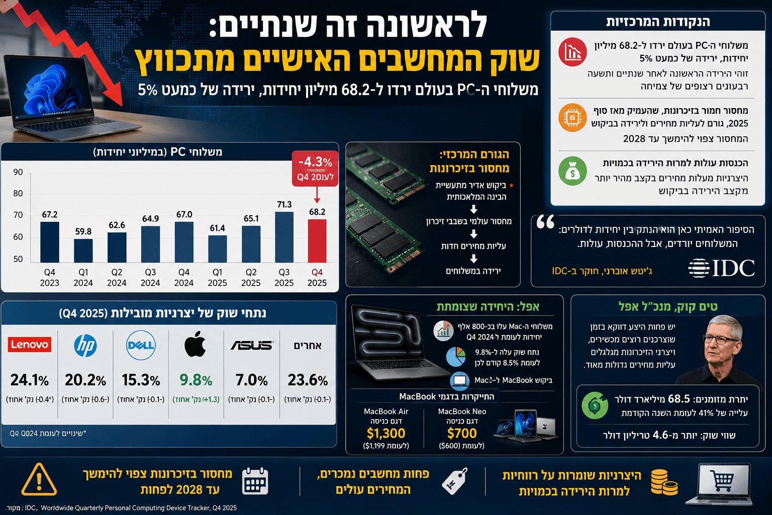 אינפוגרפיקה המציגה ירידה במשלוחי מחשבים אישיים בעולם, גרף משלוחים, מחסור בזיכרונות, עליית מחירים ונתוני IDC.