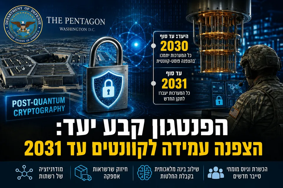אינפוגרפיקה המציגה את הפנטגון, מנעול סייבר, מחשב קוונטי וחייל מול מסכי אבטחה, עם דגש על מעבר להצפנה עמידה לקוונטים עד 2031.