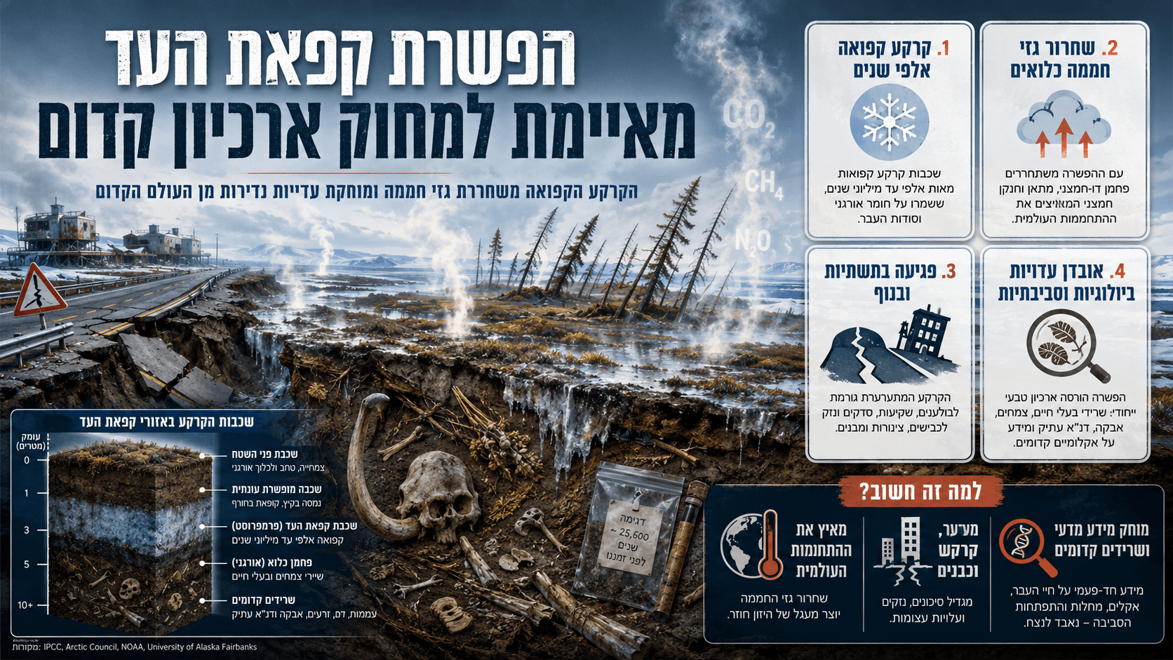 תמונה חדשותית־מדעית המציגה נוף ארקטי של קפאת עד מפשירה, כביש סדוק, עצים נוטים, אדים וגזי חממה העולים מהקרקע, לצד שרידים קדומים ושכבות מידע בעברית על אובדן עדויות ביולוגיות וגיאולוגיות שנשמרו באדמה הקפואה.