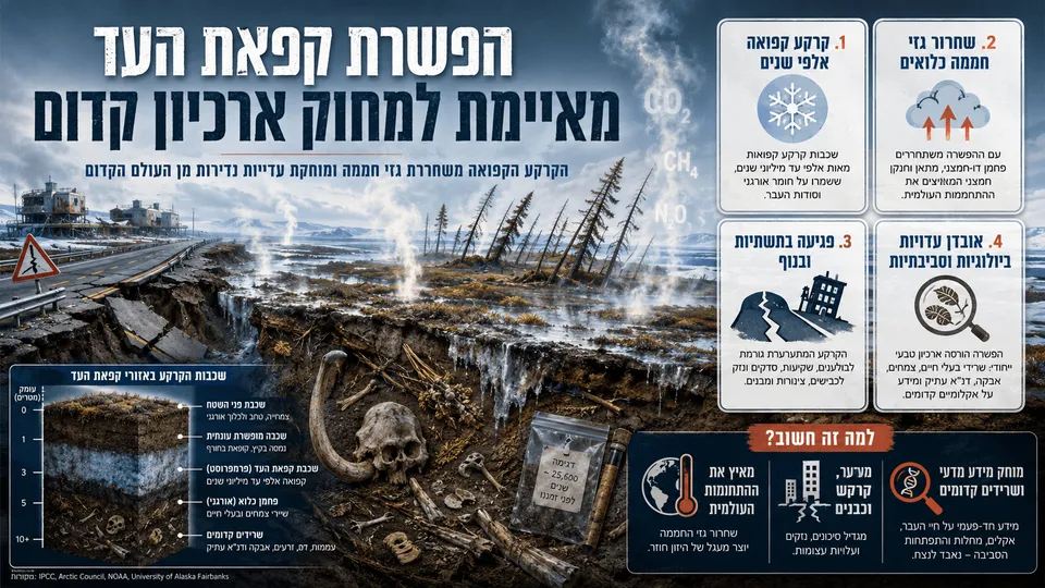 תמונה חדשותית־מדעית המציגה נוף ארקטי של קפאת עד מפשירה, כביש סדוק, עצים נוטים, אדים וגזי חממה העולים מהקרקע, לצד שרידים קדומים ושכבות מידע בעברית על אובדן עדויות ביולוגיות וגיאולוגיות שנשמרו באדמה הקפואה.