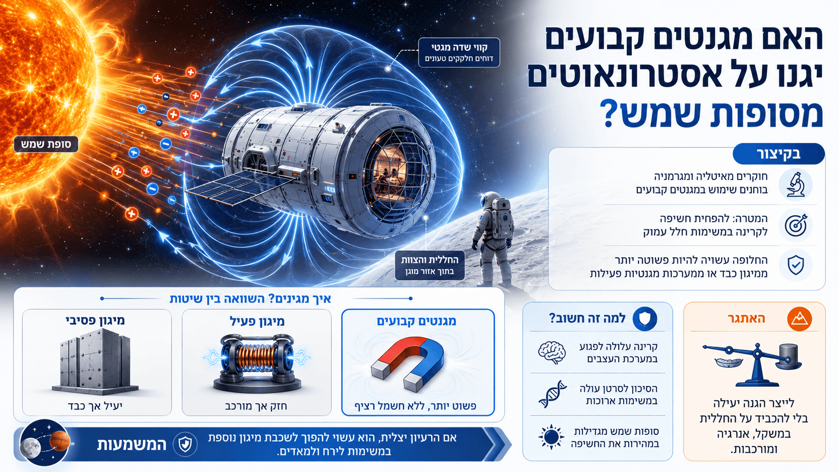 חללית מאוישת מוקפת שדה מגנטי מול סופת שמש, עם המחשה של רעיון הגנה על אסטרונאוטים בעזרת מגנטים קבועים.