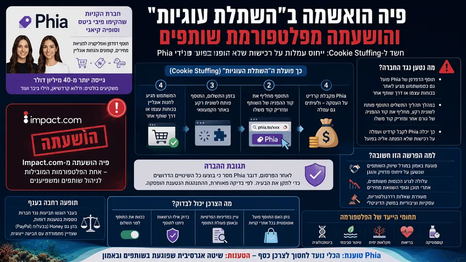 המחשה של טענות נגד Phia על החלפת קודי שותפים וקבלת עמלות באמצעות Cookie Stuffing.