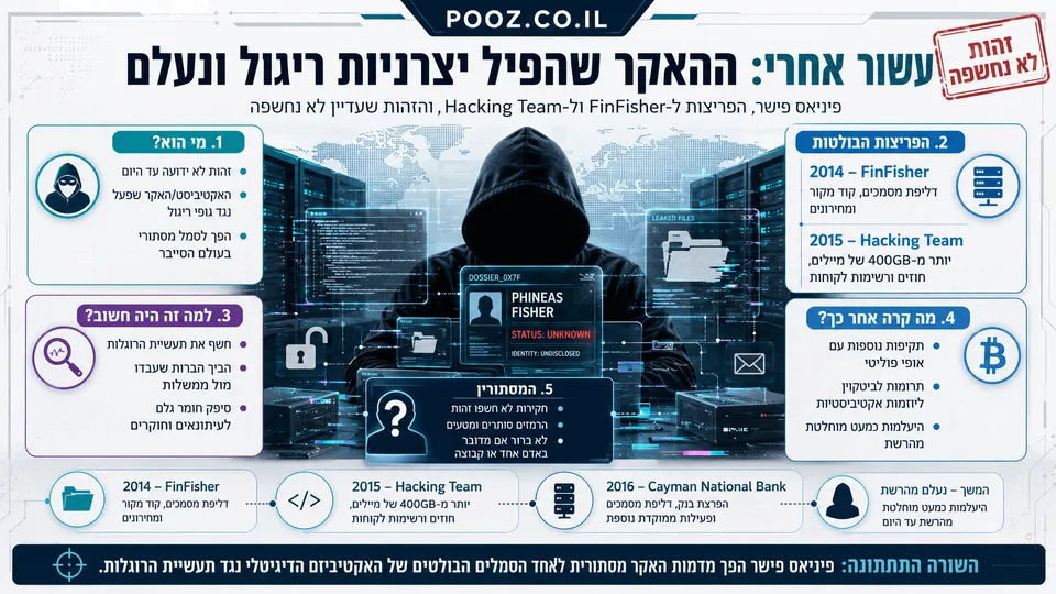 המחשה חדשותית של האקר אנונימי עטוי קפוצ׳ון מול מסכי שרתים וקבצים דיגיטליים דולפים, לצד ציר זמן המתאר את הפריצות ל-FinFisher ול-Hacking Team ואת המסתורין סביב זהותו של פיניאס פישר.