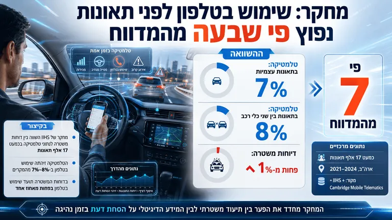 מחקר: שימוש בטלפון לפני תאונות נפוץ פי שבעה מהמדווח