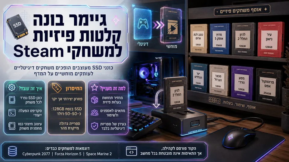 כונני SSD מעוצבים כמחסניות משחק פיזיות עבור ספריית Steam, לצד מחשב גיימינג ותחנת חיבור.