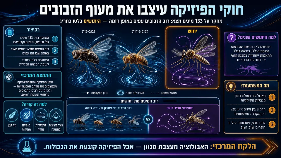 המחשה מדעית המציגה כיצד חוקי הפיזיקה מעצבים את דפוסי המעוף של זבובים, בעוד היתושים בולטים כחריג.