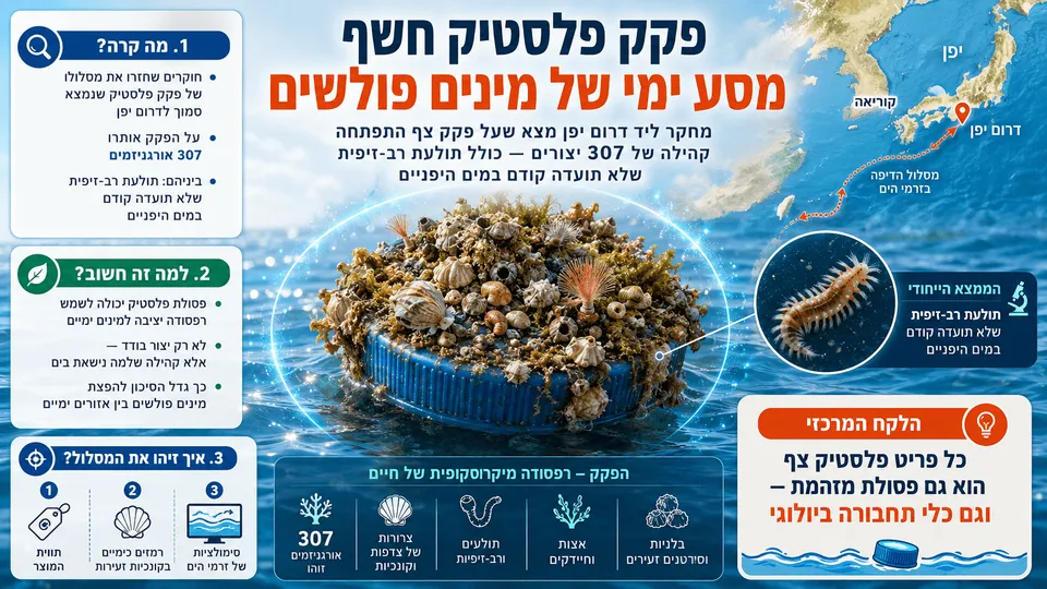 פקק פלסטיק צף ועליו קהילה ימית צפופה, עם מסלול נסחף עד דרום יפן ומין פולש חדש.