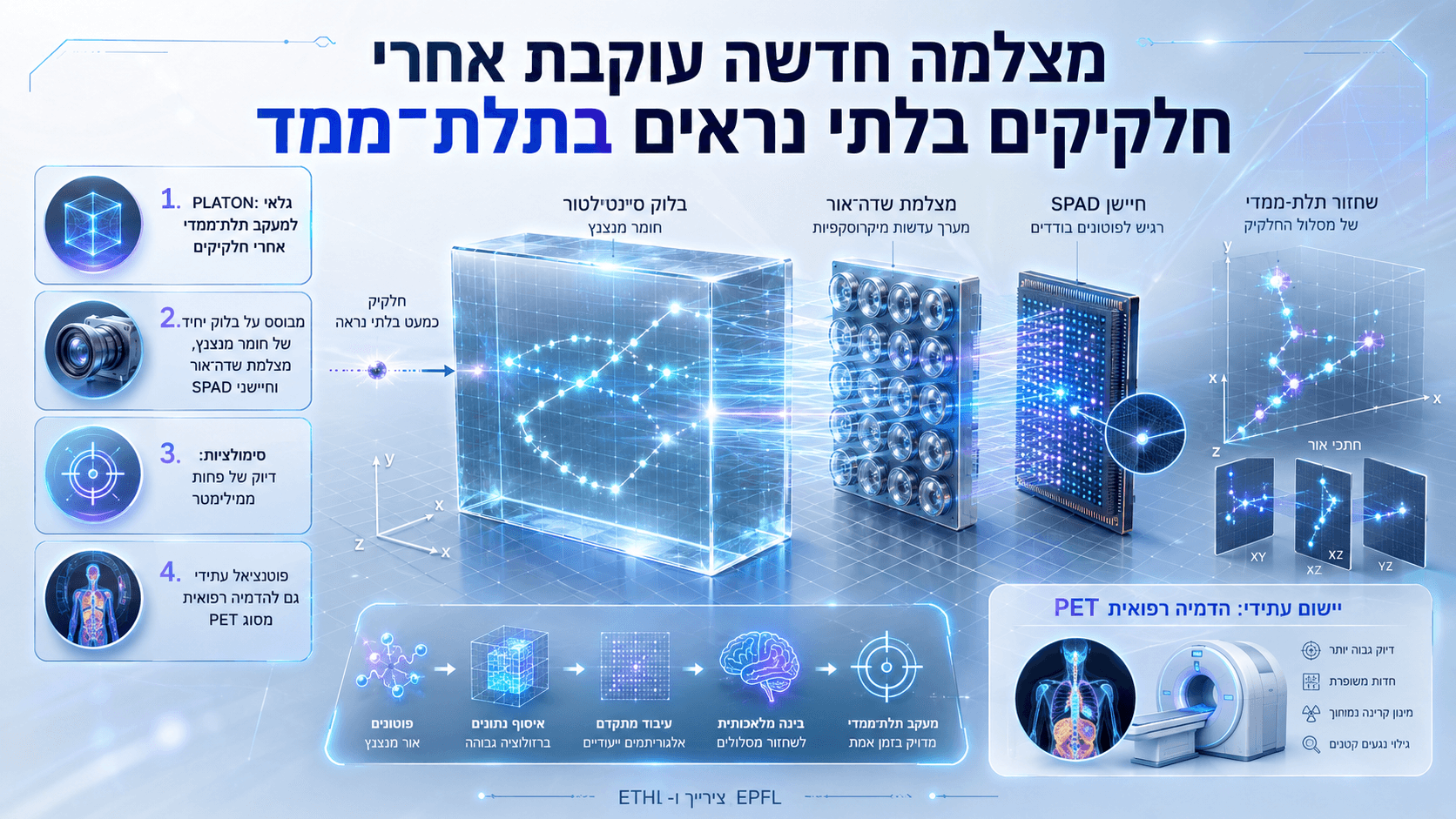 מערכת PLATON עוקבת בתלת־ממד אחר חלקיקים בלתי נראים באמצעות סינטילטור, מצלמת שדה־אור וחיישן SPAD.
