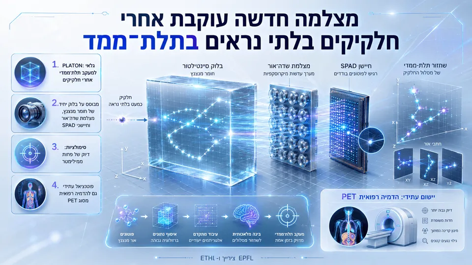 מערכת PLATON עוקבת בתלת־ממד אחר חלקיקים בלתי נראים באמצעות סינטילטור, מצלמת שדה־אור וחיישן SPAD.
