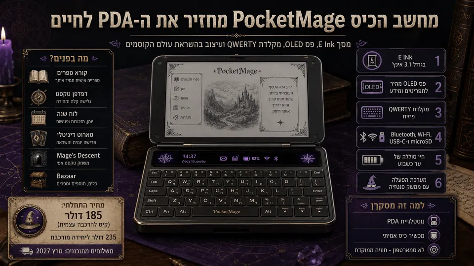 תמונה טכנולוגית־נוסטלגית המציגה את PocketMage כמחשב כיס בסגנון PDA עם מבנה צדפה, מסך E Ink, פס OLED ומקלדת QWERTY פיזית, על רקע פנטזי של ספרים עתיקים, קלפים וסמלי קסם, לצד נתונים בעברית על מחיר, קישוריות, חיי סוללה ומשלוחים מתוכננים ל־2027.